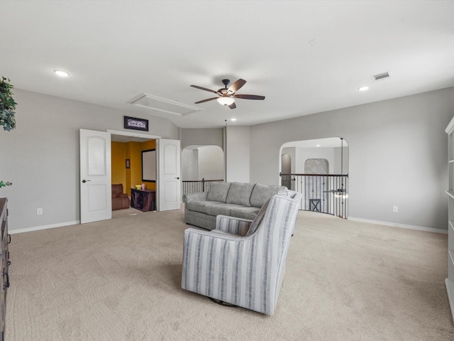 18910 Paddlefish Way, Cypress, TX 77433 - living area featuring attic access, ceiling fan, light colored carpet, and recessed lighting
