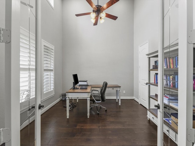 18910 Paddlefish Way, Cypress, TX 77433 - office space with a high ceiling, french doors, ceiling fan, dark wood-style flooring, and plenty of natural light