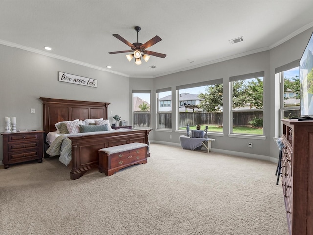 18910 Paddlefish Way, Cypress, TX 77433 - bedroom with multiple windows, carpet, ornamental molding, ceiling fan, and recessed lighting