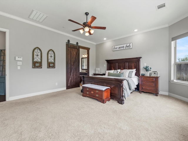 18910 Paddlefish Way, Cypress, TX 77433 - bedroom with a barn door, light colored carpet, crown molding, a ceiling fan, and recessed lighting