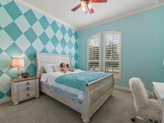 18910 Paddlefish Way, Cypress, TX 77433 - carpeted bedroom with crown molding, an accent wall, and ceiling fan