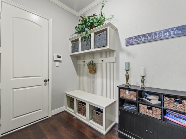 18910 Paddlefish Way, Cypress, TX 77433 - mudroom with crown molding and dark wood finished floors