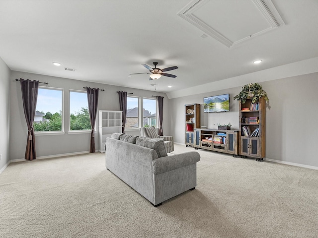 18910 Paddlefish Way, Cypress, TX 77433 - living area with carpet floors, a ceiling fan, attic access, and recessed lighting