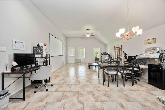 4507 Terrazza Verde Dr, Katy, TX 77493 - dining room with a chandelier, a ceiling fan, vaulted ceiling, a desk, and baseboards