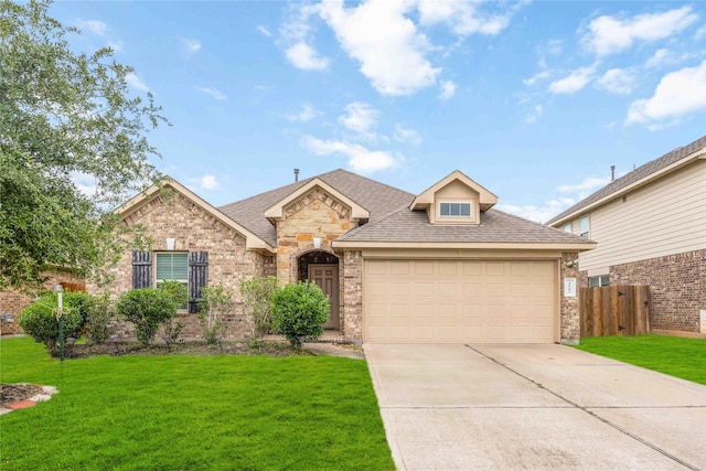 4507 Terrazza Verde Dr, Katy, TX 77493 - view of front of house featuring an attached garage, concrete driveway, brick siding, roof with shingles, and stone siding