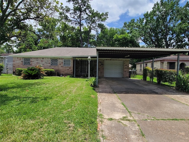 7240 Parker Rd, Houston, TX 77016 - ranch-style house with an attached garage, a front lawn, concrete driveway, and brick siding