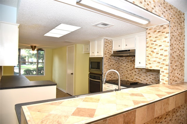 13407 Linden St, Sugar Land, TX 77498 - kitchen with appliances with stainless steel finishes, under cabinet range hood, backsplash, a textured ceiling, and white cabinets