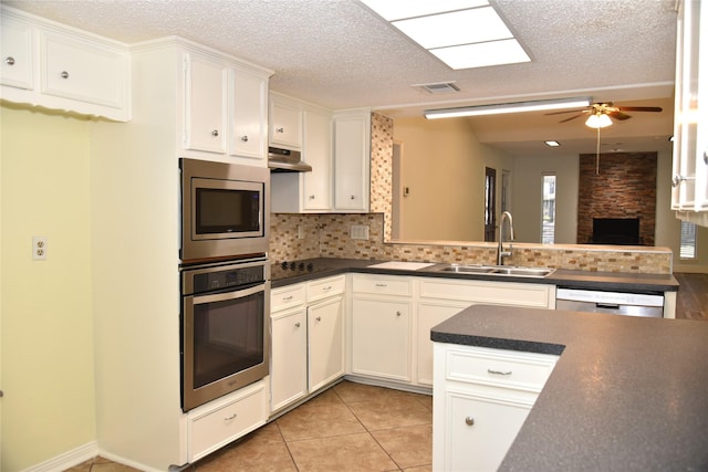 13407 Linden St, Sugar Land, TX 77498 - kitchen with appliances with stainless steel finishes, a sink, ceiling fan, dark countertops, and under cabinet range hood