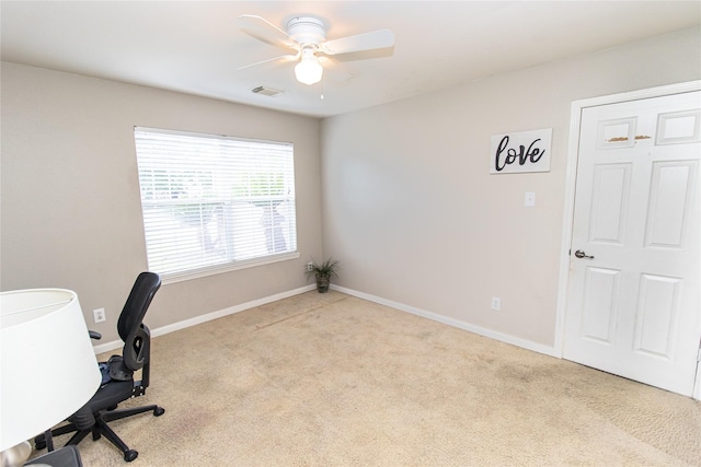 4919 Bentonite Blvd, Baytown, TX 77521 - home office featuring carpet floors, a ceiling fan, and baseboards