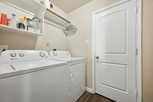 2037 Muggy Ln, Conroe, TX 77301 - washroom featuring washing machine and dryer and dark wood finished floors