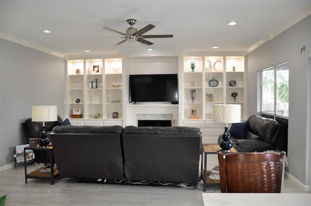 14134 Palo Seco Dr, Corpus Christi, TX 78418 - living room featuring crown molding, a ceiling fan, a fireplace, baseboards, and recessed lighting