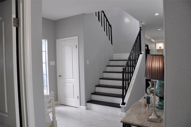 14134 Palo Seco Dr, Corpus Christi, TX 78418 - foyer entrance featuring stairs, baseboards, and recessed lighting