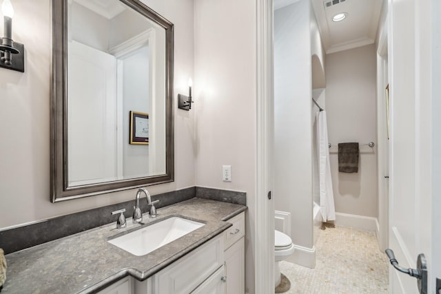 6014 Floyd St, Houston, TX 77007 - full bathroom with vanity, tile patterned floors, ornamental molding, recessed lighting, and shower / bath combo with shower curtain