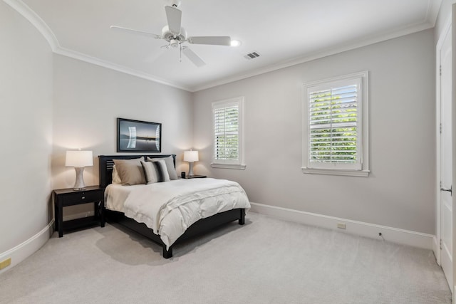 6014 Floyd St, Houston, TX 77007 - bedroom featuring ornamental molding, light carpet, and a ceiling fan