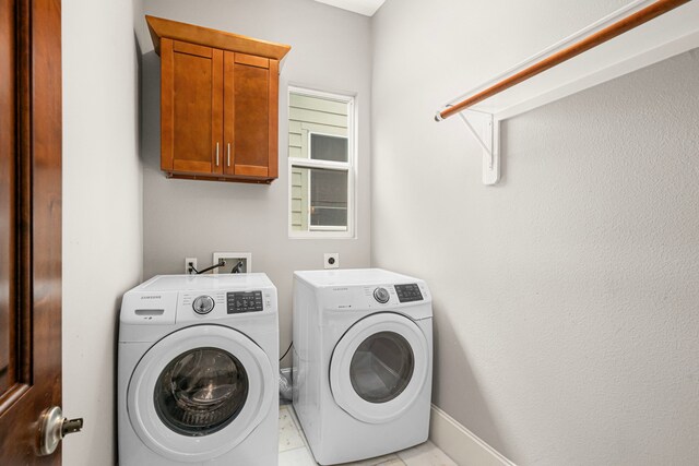 2022 Sabine St, Houston, TX 77007 - laundry area with washer and clothes dryer, cabinet space, and baseboards