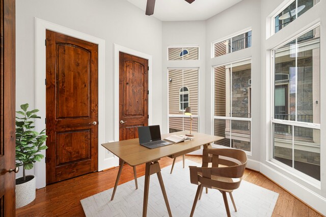 2022 Sabine St, Houston, TX 77007 - office space with ceiling fan, wood finished floors, and a towering ceiling