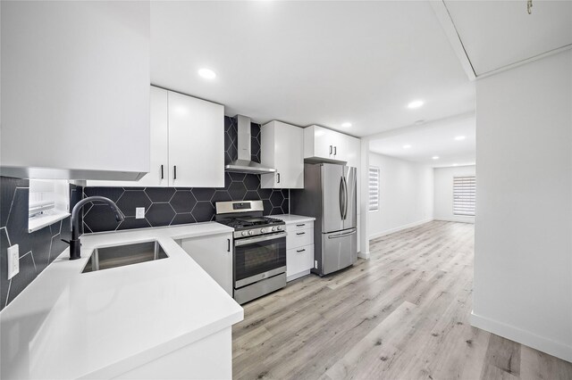 1106 W Tri Oaks Ln Unit 134, Houston, TX 77043 - kitchen with stainless steel appliances, wall chimney exhaust hood, white cabinets, decorative backsplash, and light countertops