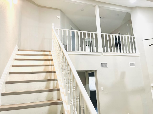 16303 Napa Vine Dr, Houston, TX 77053 - staircase with a towering ceiling and ceiling fan