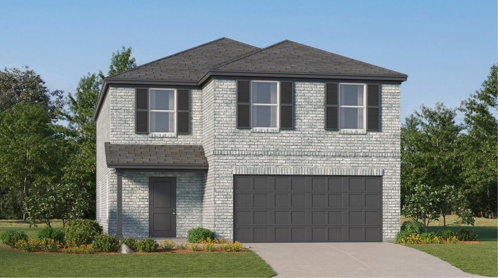 10830 Red Orchid Dr, Houston, TX 77016 - view of front of property with an attached garage, concrete driveway, a front lawn, and brick siding