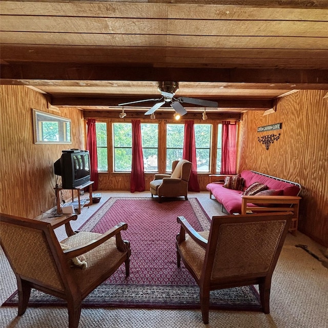 11 Sherry Ln, Coldspring, TX 77331 - carpeted living room with wooden walls, healthy amount of natural light, ceiling fan, wooden ceiling with exposed beams, and a wood stove