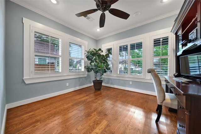 423 Pecore St, Houston, TX 77009 - home office with a ceiling fan, wood finished floors, recessed lighting, and ornamental molding