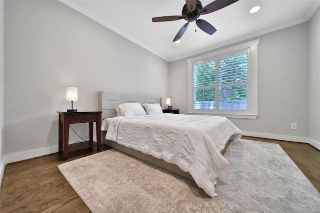 423 Pecore St, Houston, TX 77009 - bedroom with crown molding, dark wood-style floors, a ceiling fan, recessed lighting, and vaulted ceiling
