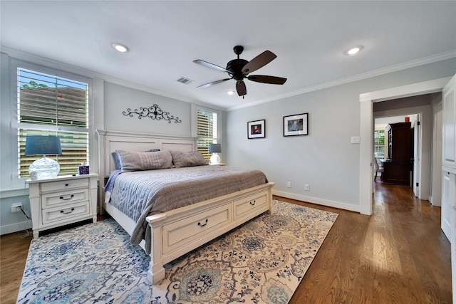 423 Pecore St, Houston, TX 77009 - bedroom featuring ornamental molding, wood finished floors, a ceiling fan, and recessed lighting