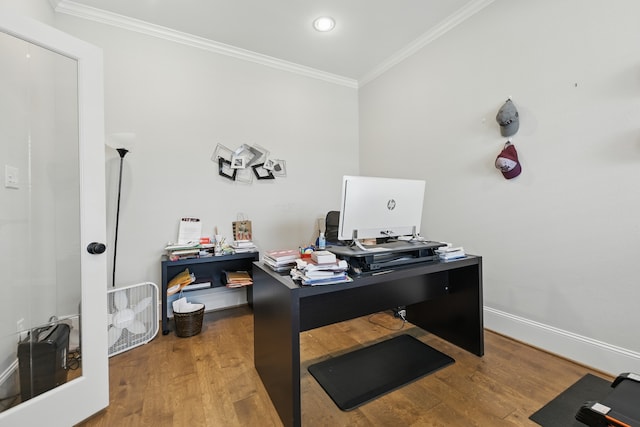 3601 Haskell Hollow Loop, College Station, TX 77845 - home office with crown molding, wood finished floors, and baseboards