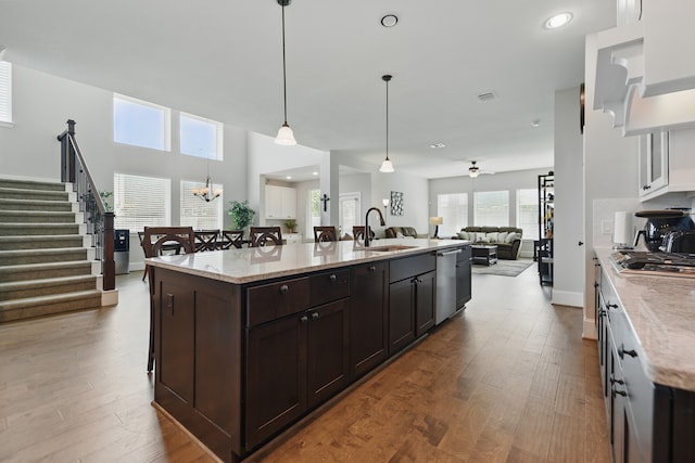 3601 Haskell Hollow Loop, College Station, TX 77845 - kitchen featuring a sink, appliances with stainless steel finishes, open floor plan, dark brown cabinetry, and wood finished floors
