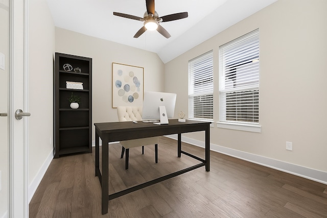 24815 Pavonia Lake Ln, Tomball, TX 77375 - home office featuring ceiling fan, dark wood-type flooring, and lofted ceiling