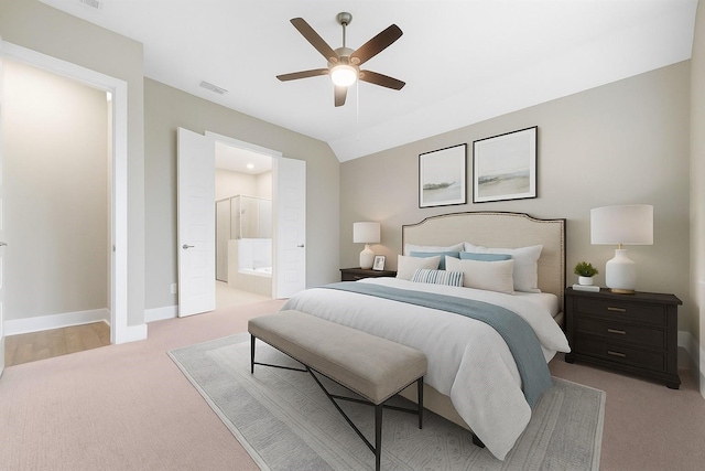 24815 Pavonia Lake Ln, Tomball, TX 77375 - bedroom featuring light colored carpet, connected bathroom, and a ceiling fan