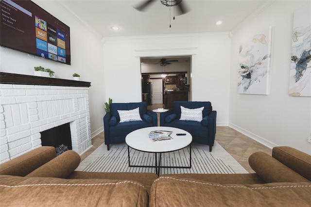 4023 Avenue S, Galveston, TX 77550 - living area featuring a ceiling fan, crown molding, baseboards, a fireplace, and recessed lighting