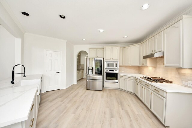 527 Little River Ct, Richmond, TX 77406 - kitchen with appliances with stainless steel finishes, a sink, under cabinet range hood, arched walkways, and decorative backsplash
