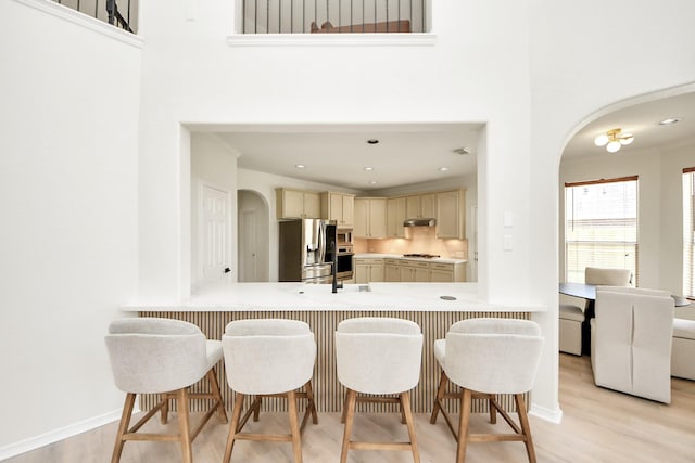 527 Little River Ct, Richmond, TX 77406 - kitchen with arched walkways, cream cabinetry, stainless steel appliances, light wood-type flooring, and under cabinet range hood