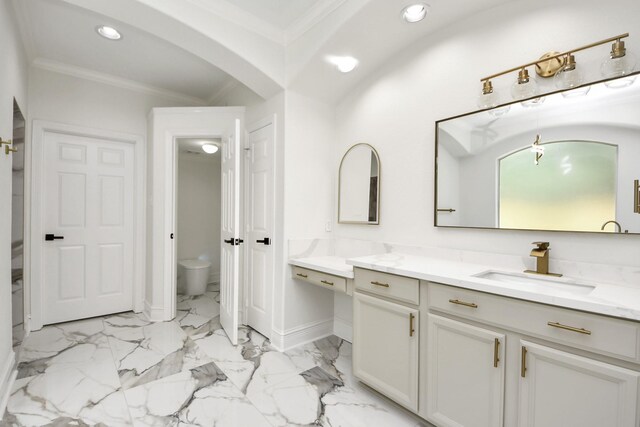 527 Little River Ct, Richmond, TX 77406 - bathroom with ornamental molding, vanity, toilet, marble finish floors, and recessed lighting