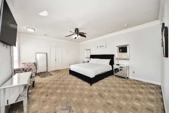 7923 Vintage Creek Dr, Spring, TX 77379 - carpeted bedroom featuring baseboards, crown molding, and a ceiling fan