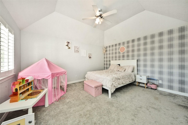 7923 Vintage Creek Dr, Spring, TX 77379 - bedroom with vaulted ceiling, multiple windows, carpet floors, ceiling fan, and wallpapered walls