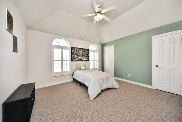 7923 Vintage Creek Dr, Spring, TX 77379 - bedroom featuring vaulted ceiling, baseboards, carpet flooring, and ceiling fan