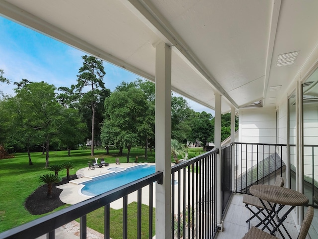 23226 Oak Hollow Ln, Tomball, TX 77377 - balcony featuring view of pool area and view of scattered trees