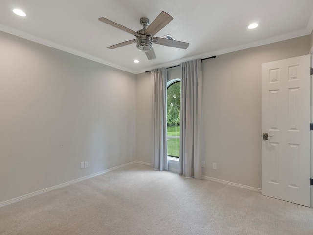 23226 Oak Hollow Ln, Tomball, TX 77377 - unfurnished room featuring ceiling fan, recessed lighting, baseboards, light carpet, and ornamental molding