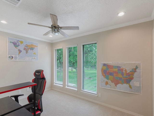 23226 Oak Hollow Ln, Tomball, TX 77377 - office featuring a ceiling fan, carpet floors, baseboards, crown molding, and recessed lighting