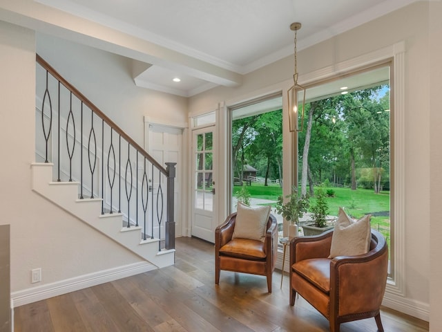 23226 Oak Hollow Ln, Tomball, TX 77377 - sitting room featuring wood finished floors, stairs, ornamental molding, baseboards, and recessed lighting