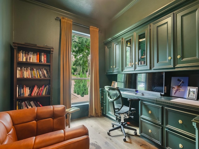 23226 Oak Hollow Ln, Tomball, TX 77377 - office area with light wood-style flooring, ornamental molding, and built in study area