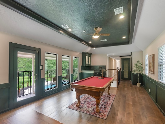 23226 Oak Hollow Ln, Tomball, TX 77377 - recreation room with a tray ceiling, wood finished floors, billiards, ceiling fan, and recessed lighting