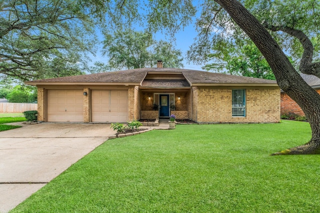 6103 Sunnygate Dr, Spring, TX 77373 - view of front of property featuring a garage, brick siding, driveway, a chimney, and roof with shingles
