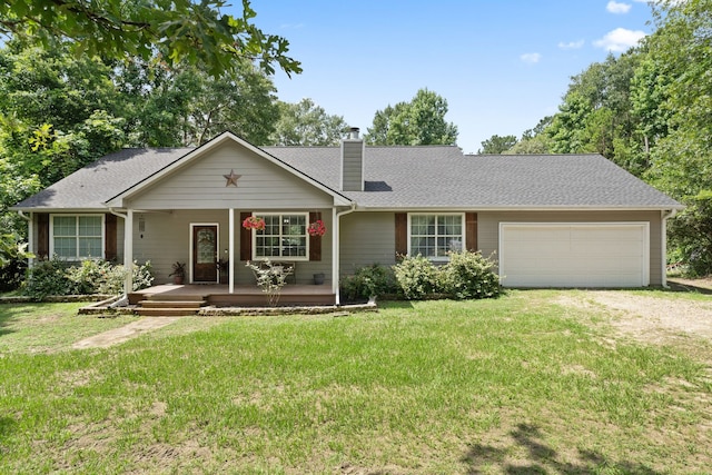 11402 Willis Waukegan Rd, Conroe, TX 77303 - ranch-style house featuring a porch, driveway, a chimney, and a front yard