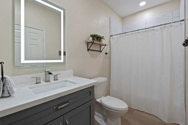11402 Willis Waukegan Rd, Conroe, TX 77303 - bathroom featuring toilet, vanity, wood finished floors, and curtained shower