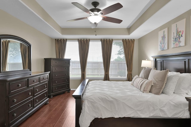 20530 Saddleback Chase Ln, Cypress, TX 77433 - bedroom featuring multiple windows, dark wood-style flooring, a ceiling fan, and a raised ceiling