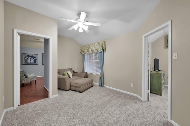 20530 Saddleback Chase Ln, Cypress, TX 77433 - sitting room with carpet flooring, vaulted ceiling, ceiling fan, and baseboards