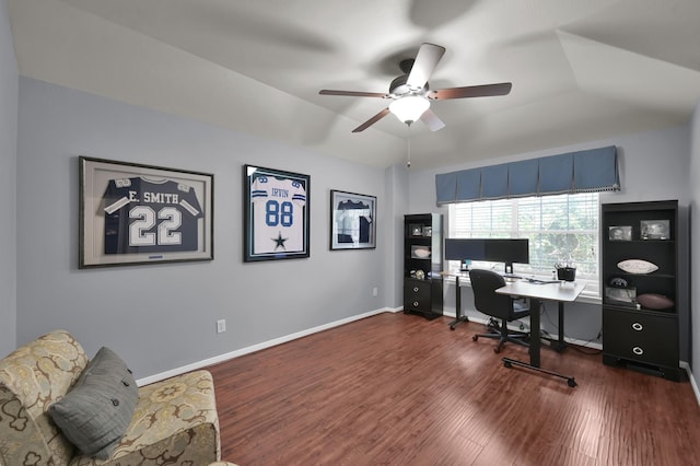 20530 Saddleback Chase Ln, Cypress, TX 77433 - office area with ceiling fan, wood finished floors, baseboards, and vaulted ceiling